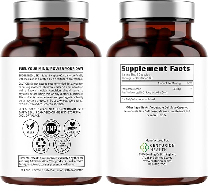 Number One Nutrition Premium Phosphatidylserine 400mg, Derived from Sunflower Lecithin to Help Support Memory, Focus & Cognition Naturally, Soy Free, 120 Veg Caps
