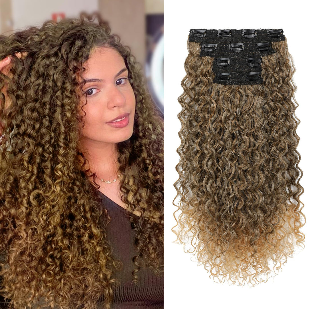 Clip in Hair Extensions, FLUFYMOOZ 4PC 100％ Pure Protein Silk Hair Extensions Long Soft Natural Hairpiece 20 Inch Curly Hair Extension for Women (Medium Golden Brown to Blonde)