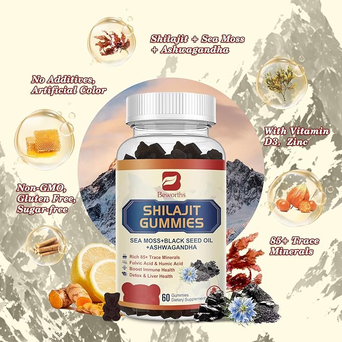 Shilajit Resin Gummies, Shilajit Irish Sea Moss Supplement with Ashwagandha, Black Seed Oil, Panax Ginseng, Honey, Shilajit Gummies with 85+ Trace Minerals & Fulvic Acid for Energy, Digestion Health