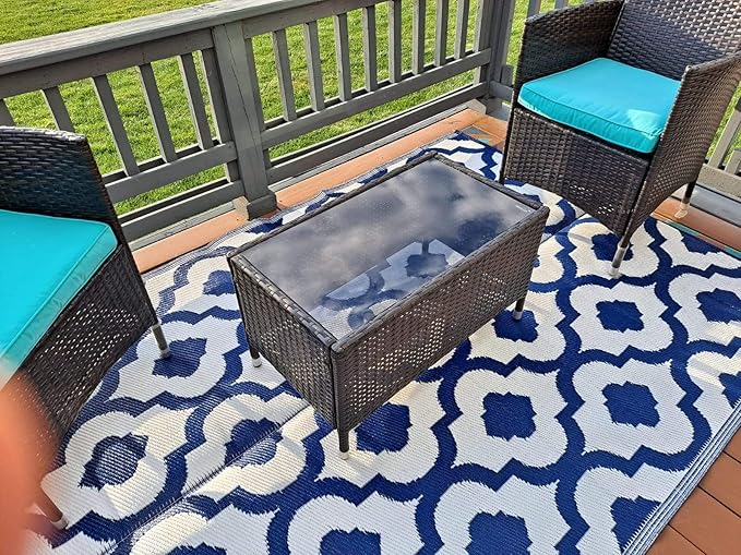 BalajeesUSA Outdoor Rug - 2 PK 5x7 Blue, Reversible Recycled Plastic Straw Outdoor Patio Rugs Clearance Waterproof Large RV Camper Mats 491