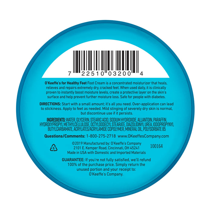 O'Keeffe's for Healthy Feet Foot Cream - 3.2 oz Jar (2 Pack) - Guaranteed Relief for Extremely Cracked, Dry Feet, Repairing Skincare, Instantly Boosts and Retains Moisture Levels
