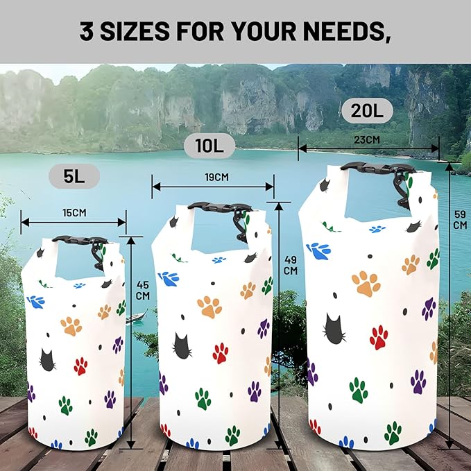 Waterproof Dry Bag,Roll Top Colorful Cartoon Cat Pawprints Small Waterproof Backpack 5L/10L/20L Floating and Lightweight Bags for Kayaking, Boating, Fishing, Swimming and Camping