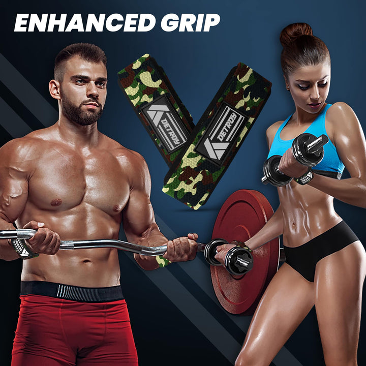 Detroy® Lifting Wrist Straps for Weightlifting, Deadlifts, Bodybuilding, Powerlifting, Gym Strength Training Workouts - Padded Neoprene with 24 inch Webbing Cotton with Silicone Grip for Men & Women (Camo)