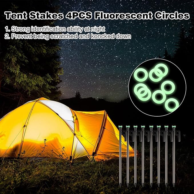 8 Pack Tent Stakes Heavy Duty Metal Tent Pegs with 10in Steel Tent Stakes+Fluorescent Silicone Rings+Special Bag for Camping Used on Rocks, Grassland (10in - 8 Pack)