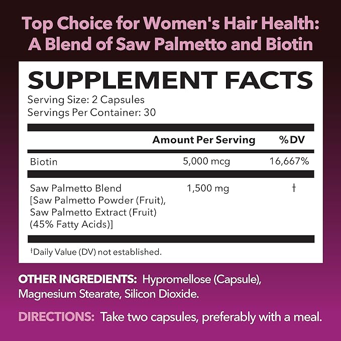 Saw Palmetto for Women with Biotin 5000mcg - Powerful DHT Blocker to Support Hair, Skin, and Nail Health - 60 Count - Vegan, Non-GMO Vitamin for Stronger, Fuller Looking Locks - 1 Month Supply