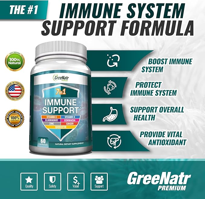 7 in 1 Immune Support Supplement with Vitamin C, D3, Zinc 50mg, Quercetin, Echinacea Purpurea, Sambucus Elderberry and Ginger for Complete Immune Defense - 60 Capsules (3 Bottles)