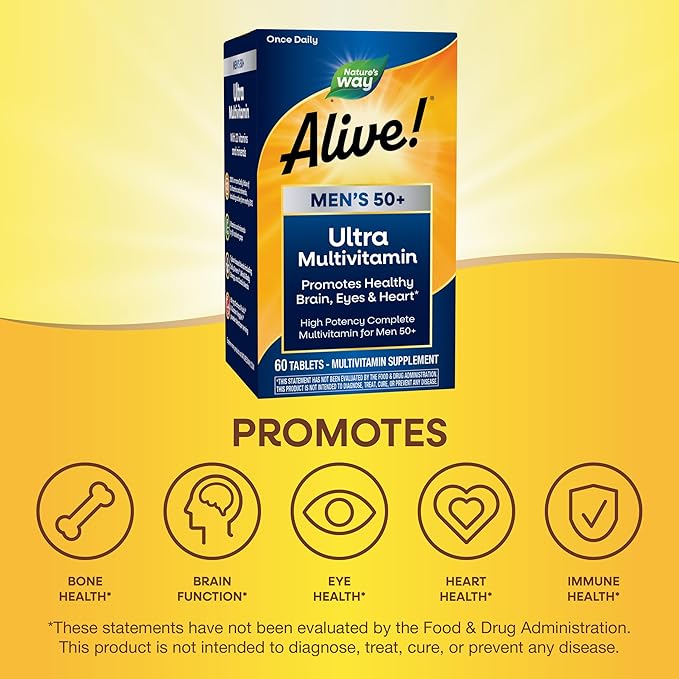 Nature's Way Alive! Men’s 50+ Daily Ultra Multivitamin, High Potency Formula, Supports Healthy Brain, Eyes & Heart*, with Methylated B12, Gluten-Free, 60 Tablets (Packaging May Vary)