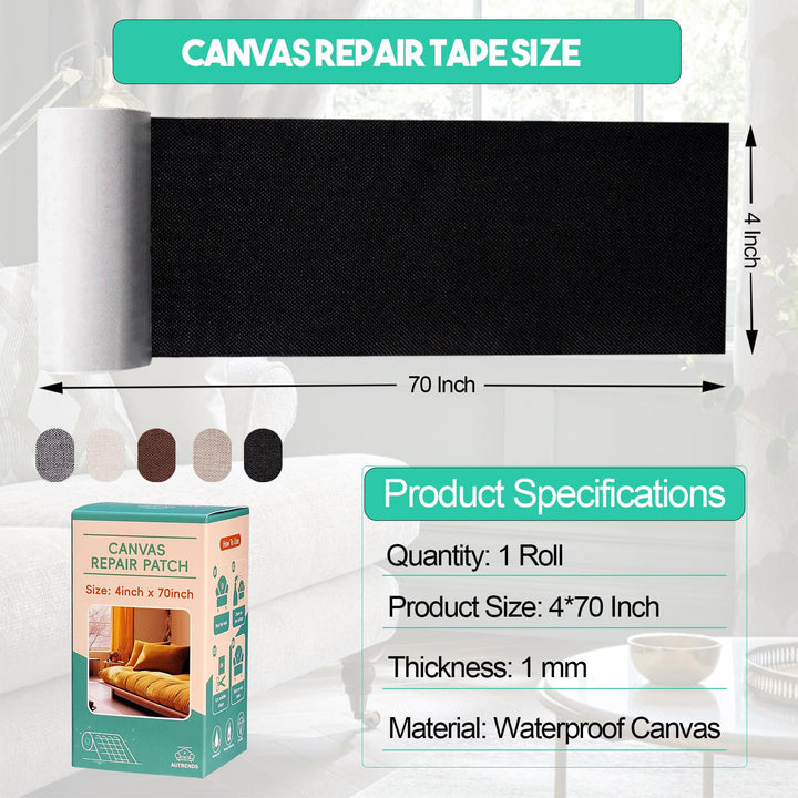 Autrends Canvas Repair Tape,Fabric Repair Patch,4×70 Inches,Outdoor Gear Patch, Waterproof,Self-Adhesive for Repairing Boat Covers,Tents,Sofas,Patio Umbrellas,Lounge Chairs,Awnings Brown