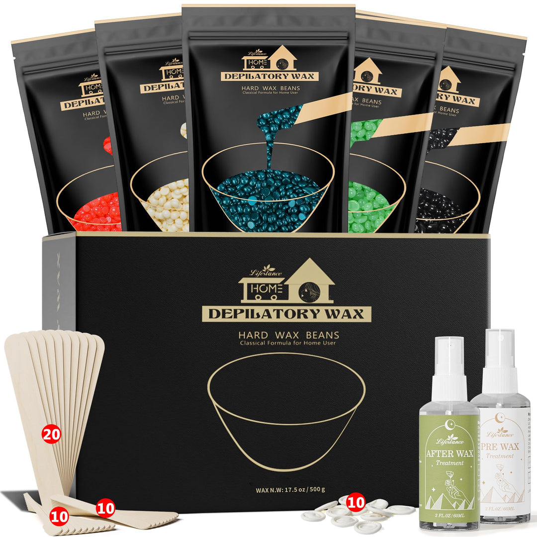 Lifestance Wax Beads Set, 5 Kinds Of Waxing Beads, Hard Wax Beans With 57 Items Silicone Spatulas, Perfect For Any Wax Warmers,