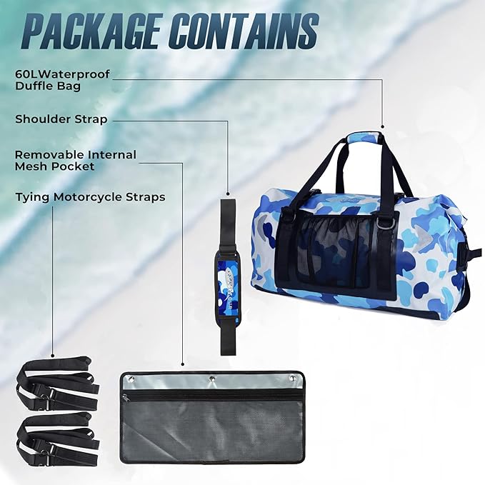 65L Waterproof Duffel Bag for Men and Women - Large Motorcycle Duffle Bag with Straps for Back Seat - Roll Top Dry Bag for Kayaking, Rafting, Boating, Swimming, Beach