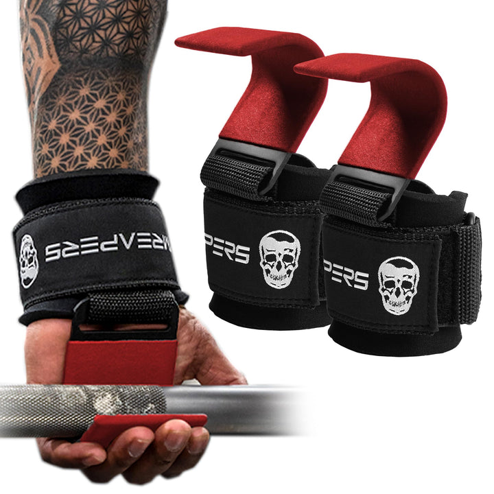 Gymreapers Weight Lifting Hooks (Pair), Heavy Duty Power Wrist Straps Hand Grip Support for Deadlifts, Pull Ups, Shrugs - Gym Gloves for Men and Women (Red)