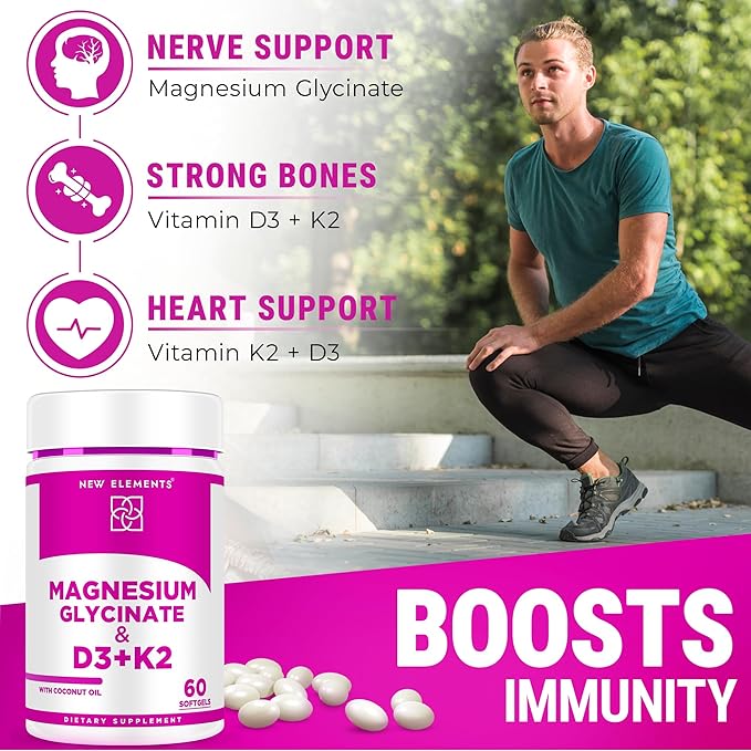 Magnesium Glycinate 500mg with High-Potency Vitamin D3 10000iu & Vitamin K2 100mcg | Enhanced with Coconut Oil for Optimal Absorption | Non-GMO, Gluten-Free, Sugar-Free Softgels