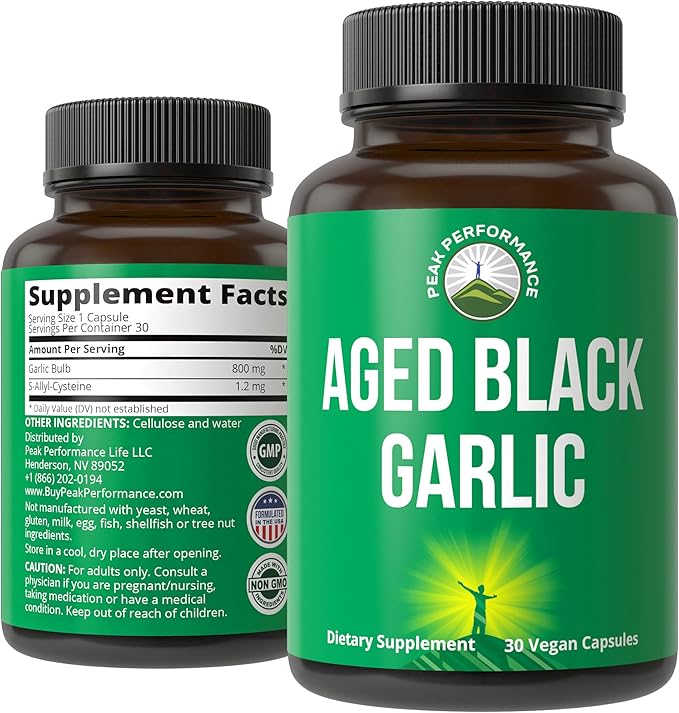 Peak Performance Aged Black Garlic Capsules. Raw Vegan Pure Odorless Extract Supplement Pills for Cholesterol, and Immune Support. from Garlic Bulb with S-Allyl Cysteine and Antioxidants