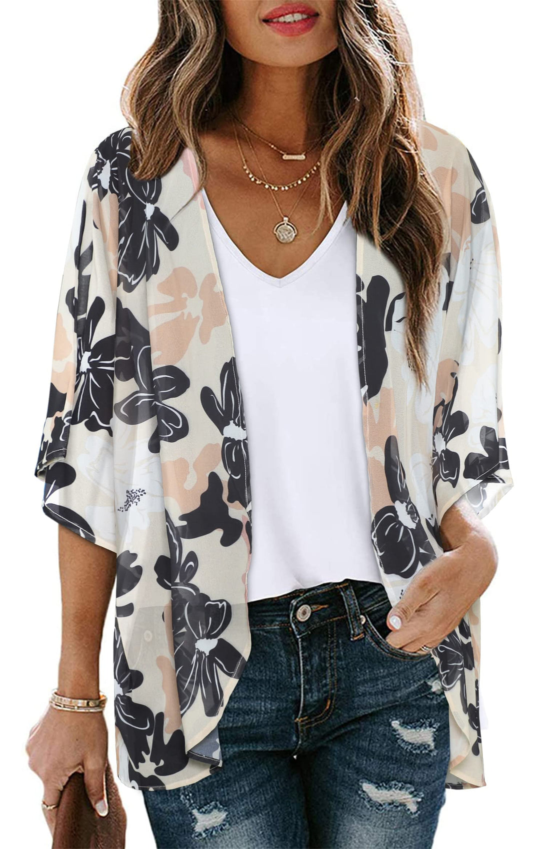 Women Kimono Cardigan Sheer Beach Coverups Chiffon Loose Casual Open Front Tops (Dasiy KhakiS)