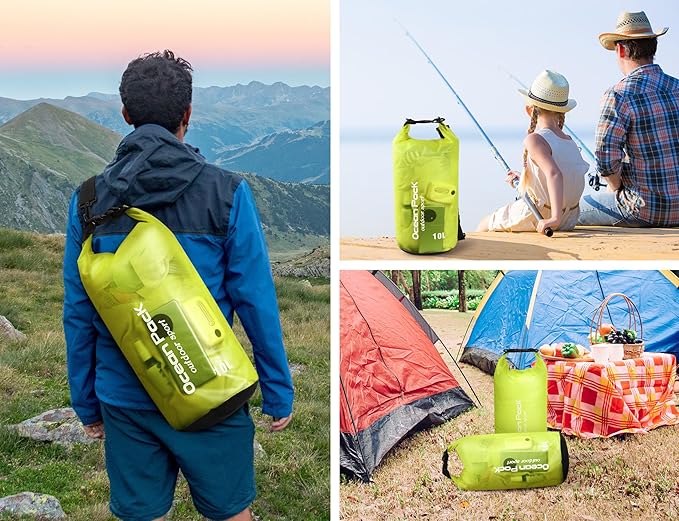 2 Pieces Waterproof Dry Bag for Women and Men, 10L Roll Top Waterproof Backpack Sack with Waterproof Phone Case, for Hiking, Backpacking, Kayaking, Camping, Swimming, Boating(grass green)