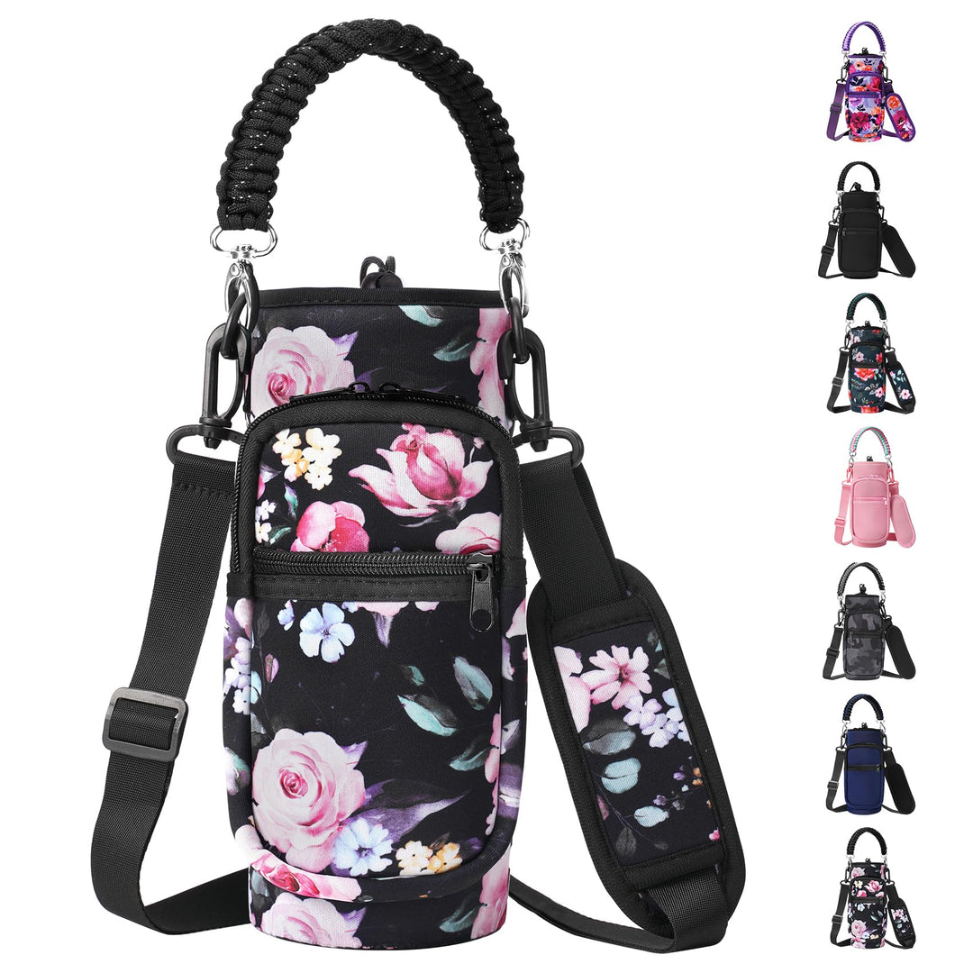 AceTreker Water Bottle Sleeve, 32 oz 40 oz Water Bottle Carrier with Strap & Paracord Handle, Neoprene Insulated Bottle Holder Sling Bag with Phone Pocket for Walking Hiking Sport-Black Flower