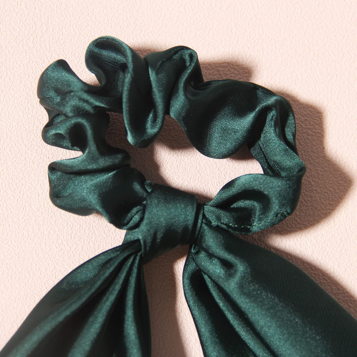 Pack of 2 Knotted Bow Hair Scrunchies Elastic Hair Scarf Black Hair Ties Bands Satin Hair Ribbon Scrunchy Red Ponytail Holder for Women and Girls (Dark green)