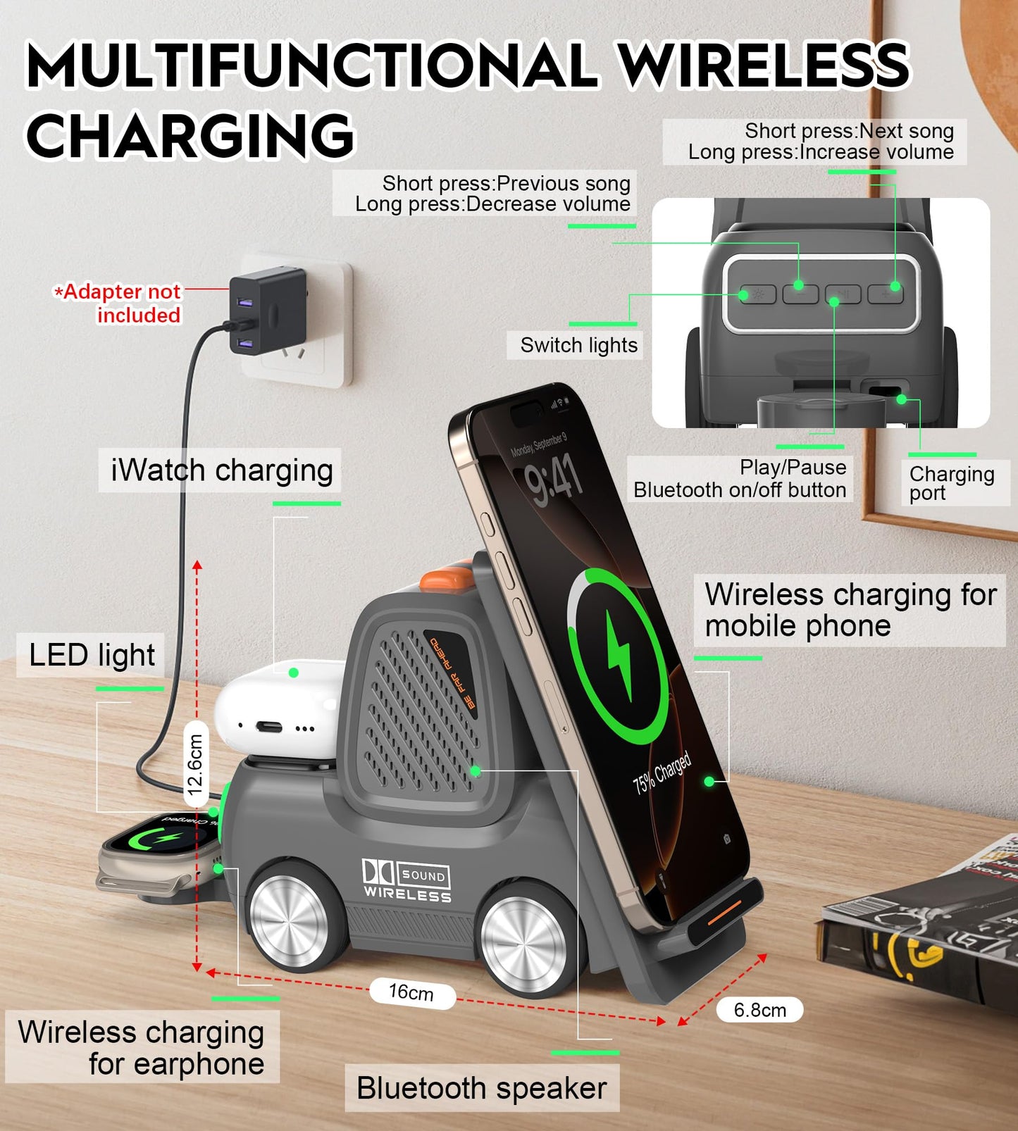 Forklift Wireless Charging Station with Bluetooth Speaker, 4 in 1 Wireless Fast Charger Multiple Devices, Compatible with iPhone16 15 14 13 Pro Max Series, Apple iWatch, Airpods, Android Phones