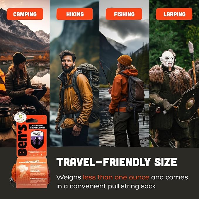 Ben's InvisiNet Xtra with Insect Shield - Comfortable Bug-Repelling Net with Permethrin & Drop Neck Design - High-Visibility Head Net with Pull String Sack