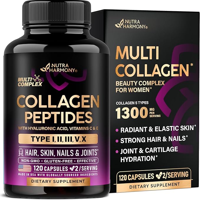 Multi Collagen Peptides - Hydrolyzed Types I, II, III, V & X - Collagen Supplement for Women 1300mg - w/ Hyaluronic Acid, Vitamins C & E - Skin, Hair, Nails & Joint Support - Made in USA, 120 Capsules