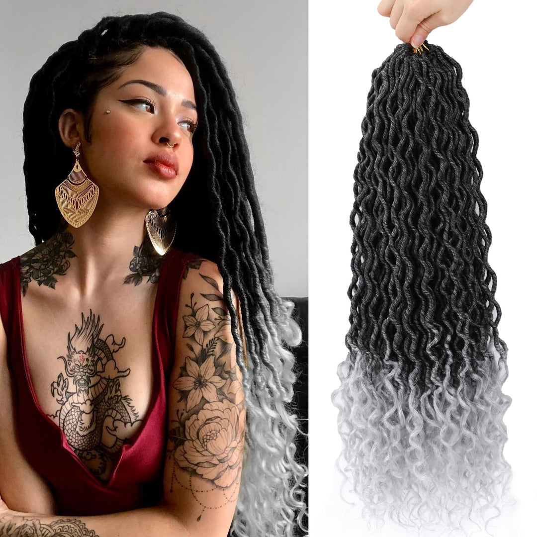 Faux Locs Crochet Hair 18 Inch 6 Packs Ombre Grey Goddess Locs Crochet Hair Pre Looped Crochet Faux Locs With Curly Ends Soft Loc Extensions(1B/Grey, 18 Inch, 6 Packs)