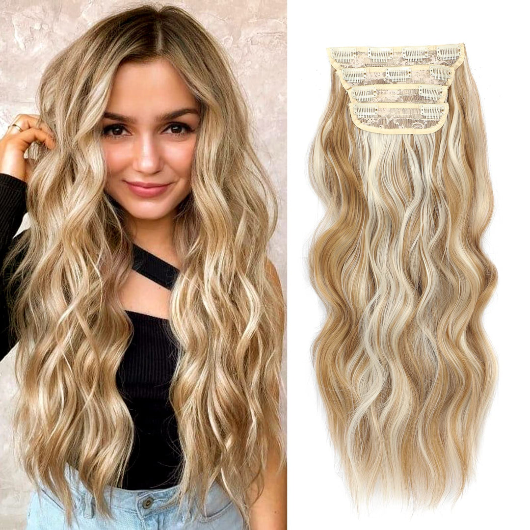 NAYOO Clip in Curly Hair Extensions 4PCS Light Brown Mixed Blonde Long Wavy Synthetic Thick Hairpieces with Fiber Double Weft for Women Hair Full Head（20 inch, Light Brown Mixed Blonde）