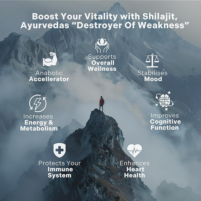 Organic Himalayan Shilajit Resin Extract - 1000mg Max Potency, Lab Tested Pure Shilajit for Men & Women, 85+ Trace Minerals Fulvic Acid, Immune Support, Energy, Cognition, 2 Month Supply, 120 Capsules