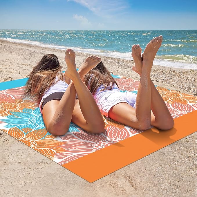 Beach Blanket Sandproof Extra Large Beach Mat Adults Waterproof Quick Drying Sand Free Mat Made by Premium Polyester with 4 Stakes & 4 Corner Pockets for Outdoor Travel Camping Hiking
