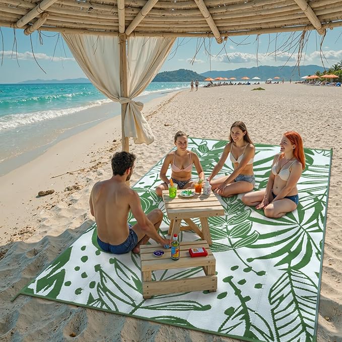 Anidaroel Leaf Outdoor Rugs 6x9ft for Patios Clearance Waterproof, Reversible Tropical Plastic Straw Camping Mat Outside Rug, Large Outdoor Area Rug for RV, Deck, Balcony, Picnic(Green,6'x9')