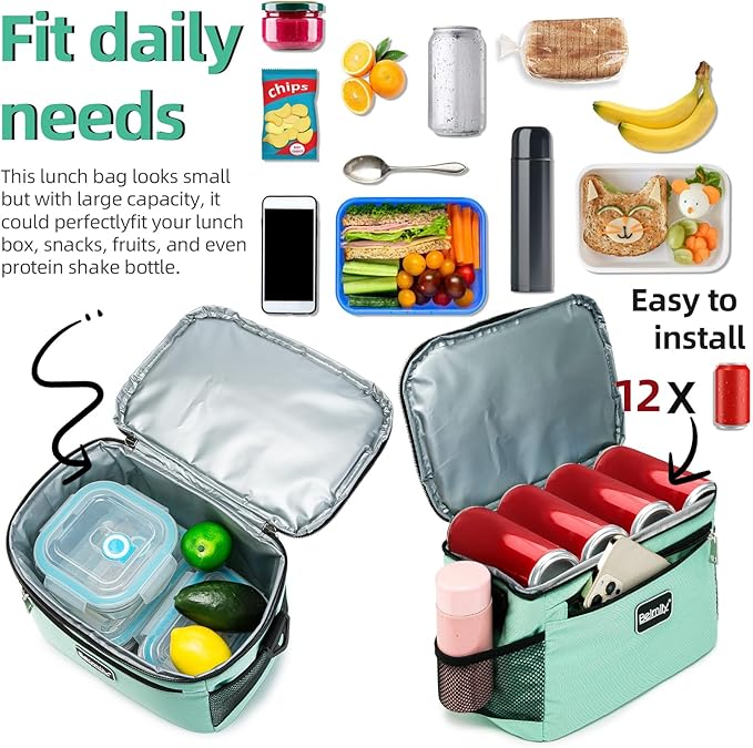 BEIMILY Lunch Box for Men/Women,Small Insulated Lunch Bag,Reusable LunchBox for work Picnic Hiking Beach,Leakproof Soft Cooler Tote Bag Organizer with Adjustable Shoulder Strap for Adults (Green Mint)