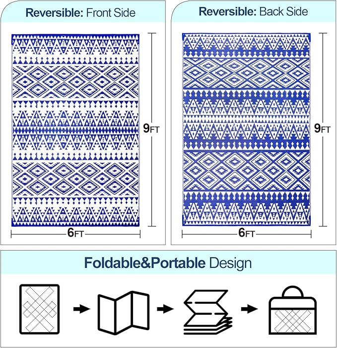 Outdoor Rug Mat for Patio, 6x9ft Waterproof Reversible Plastic Straw Rugs, Camping Carpet Area Mats for RV, Porch, Deck, Backyard, Balcony, Camper, Trailer, Blue & White