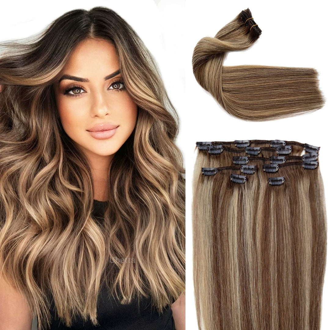 Clip In Hair Extensions, Balayage Ombre Real Human Hair Extensions With Blonde Highlights Clip On For Women 7 Pcs Brown To Ash B