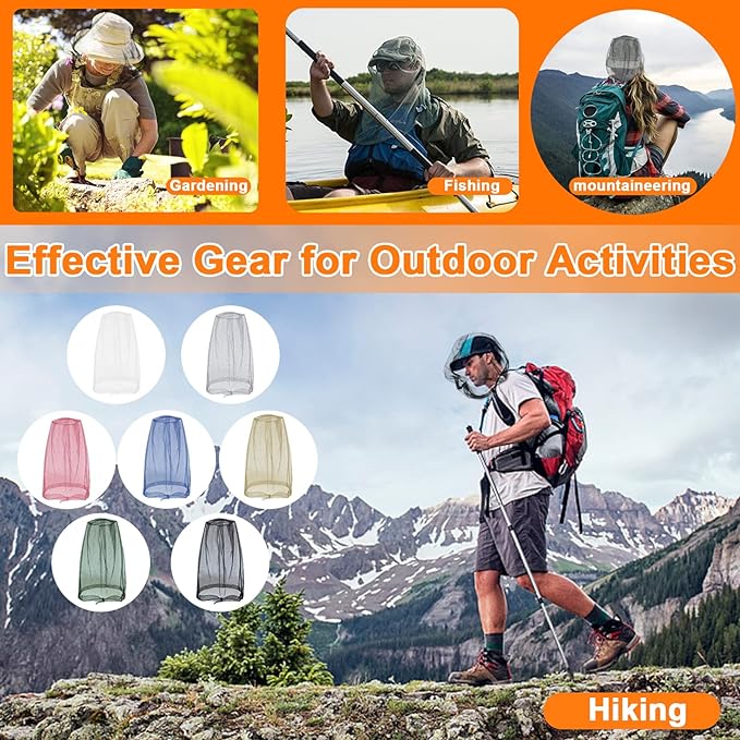 Benvo Mosquito Head Net Mesh, Face Neck Fly Netting Hood from Bugs Gnats Noseeums Screen Net for Any Outdoor Lover- with Carry Bags Fits Most Sizes of Hats Caps (2pcs, Light Grey, Updated Big Net)
