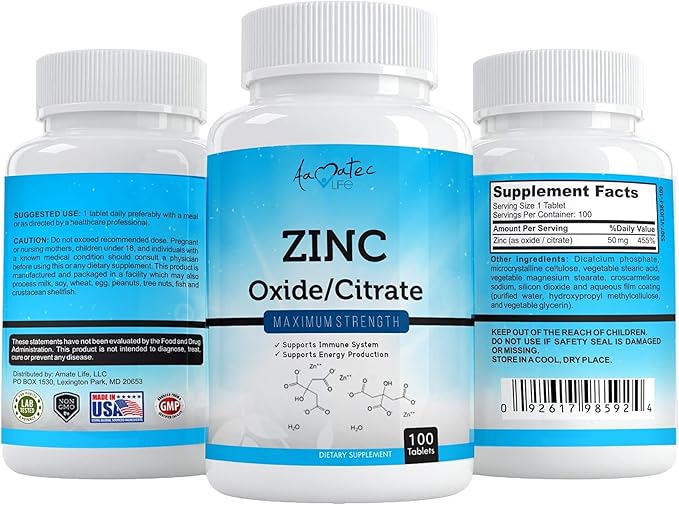 Aamatec Life Zinc Supplement 50 mg - Oxide/Citrate for Immune Support and Metabolism Support - Vegan Zinc 50mg Supports Heart and Eye Health - 100 Tables for Men and Women