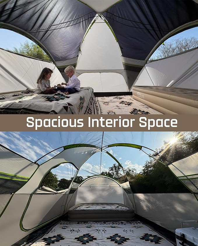 8 Person Larger Extended Dome Camping Tent with 3 Rooms, Waterproof Semi-Freestanding Family Outdoor Tent with Spacious Interior and Mesh Windows