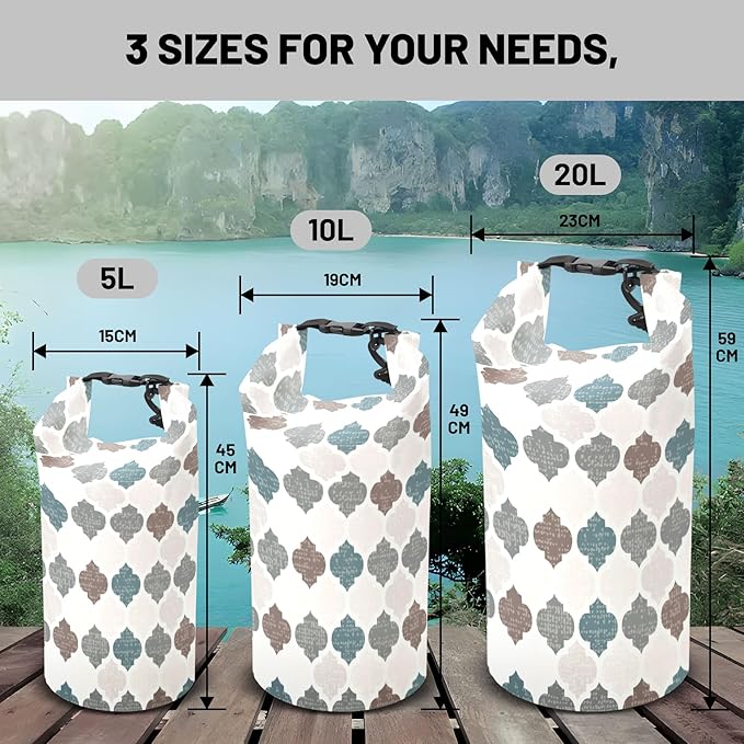 Waterproof Dry Bag,Roll Top Retro Gray Moroccan Geometric Waterproof Backpack 5L/10L/20L Floating and Lightweight Bags for Kayaking, Boating, Fishing, Swimming and Camping