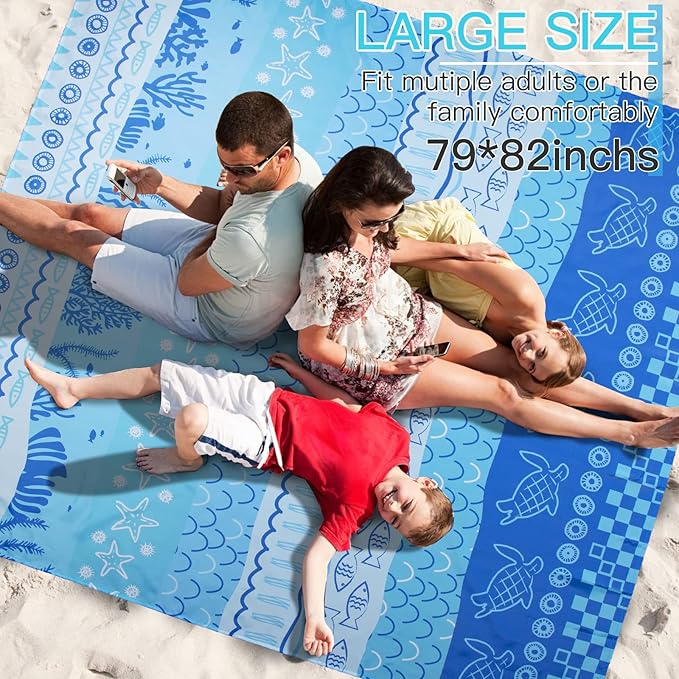 Beach Blanket, Sandproof Beach Mat 79" X 82" for 4-7 Adults, Large Waterproof Beach Blanket Quick Drying Lightweight Beach Blanket with 4 Stakes for Travel Camping Hiking(Blue Sea World)