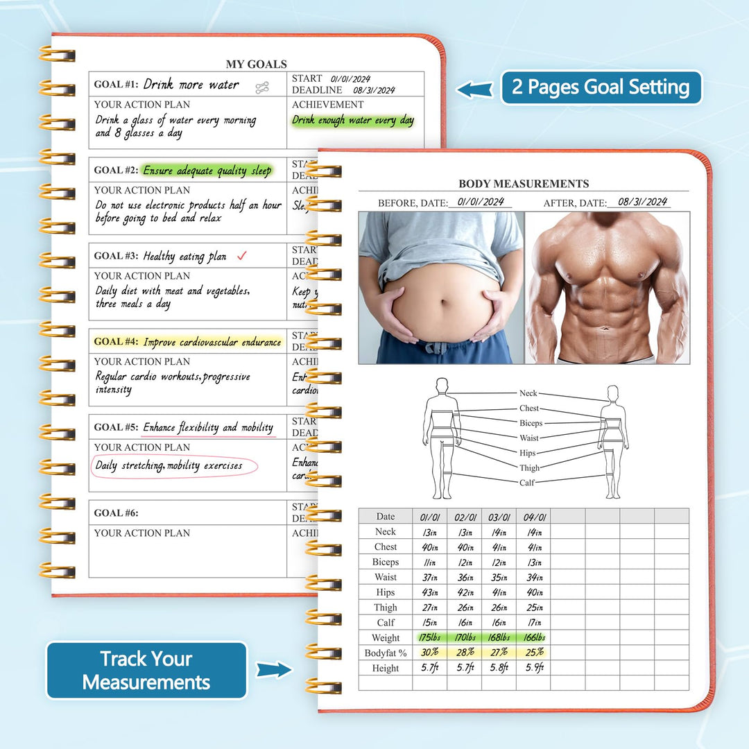 Fitness Journal-Workout Journal for Women & Men, Hard Cover Leather Fitness Planner, Workout Log Book With Gym Goals, Calendar, Progress Tracker, A5-5.7" x 8.3" - Green