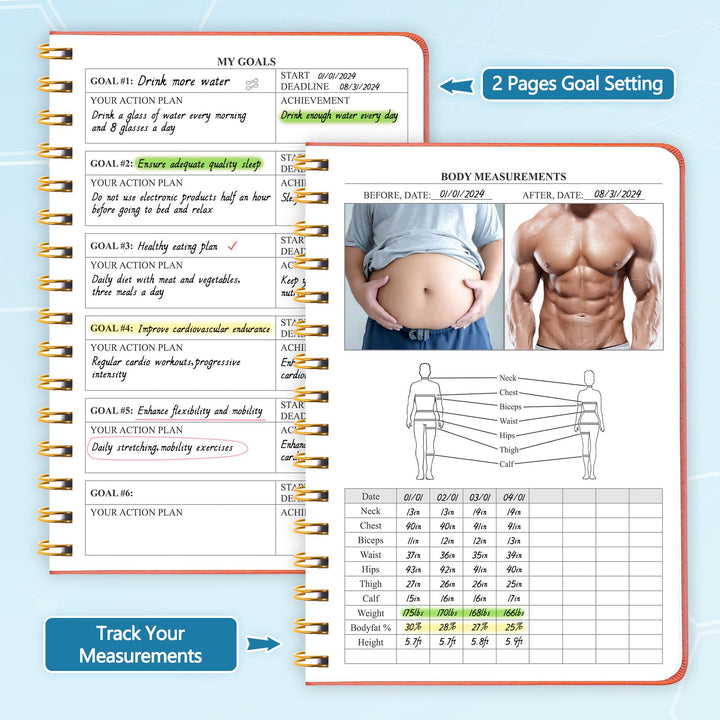 Fitness Journal-Workout Journal for Women & Men, Hard Cover Leather Fitness Planner, Workout Log Book With Gym Goals, Calendar, Progress Tracker, A5-5.7" x 8.3" - Green
