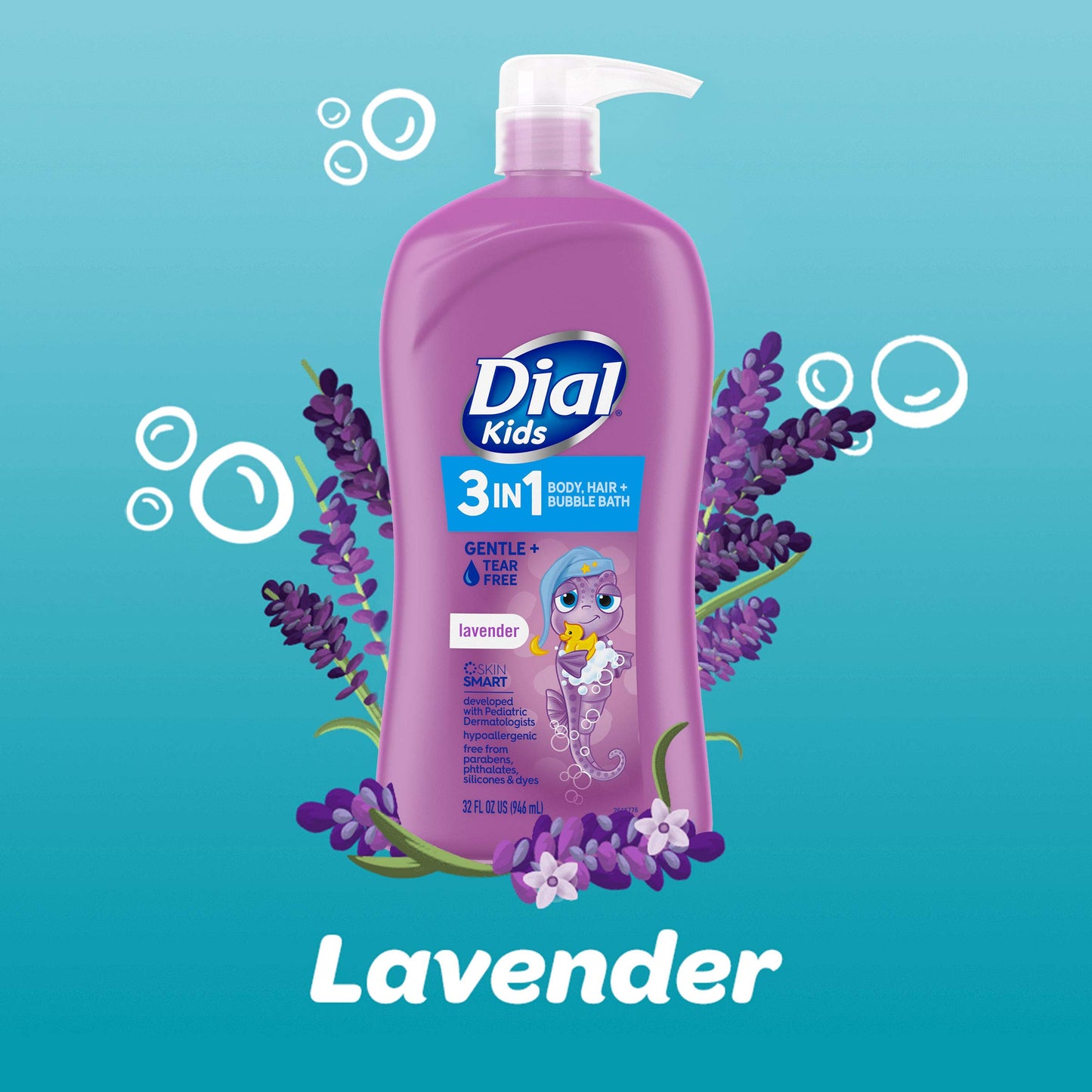 Dial Kids all in one hair, body wash and bubble bath, Tear free and gentle on skin, Lavender Scent, 32 fl oz