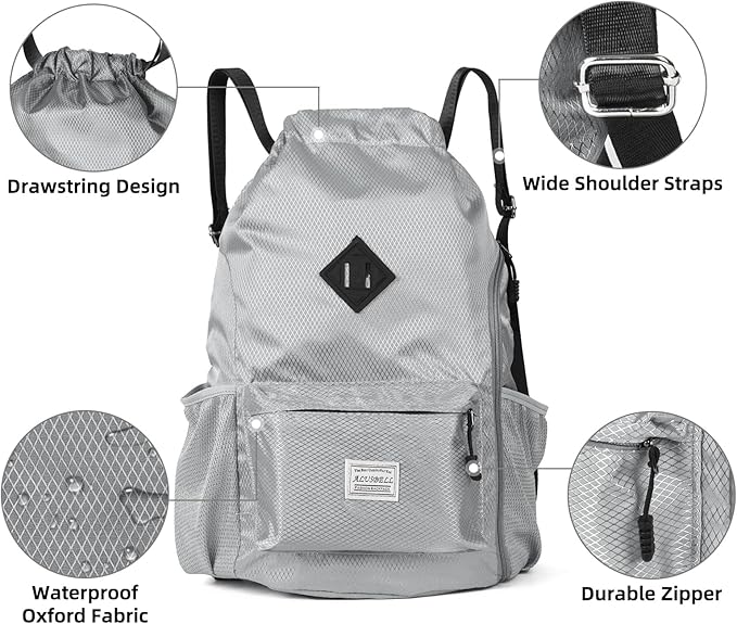 ALUSBELL Large Drawstring Backpack Bag, Sports Gym Bag String Sackpack with Shoes Compartment, Waterproof String Bag Cinch for Women Men(Gray)