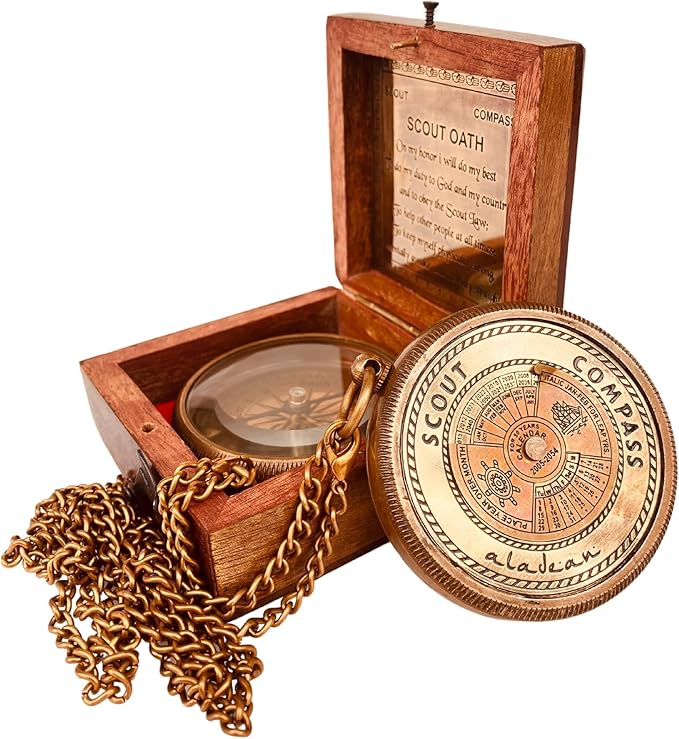 Scout Compass Gift Boys - Engraved Scout Oath Compass in wood Box Scout Always Prepared Camping Orienteering Compass, Hiking Backpacking Compass gift, 50 year calander