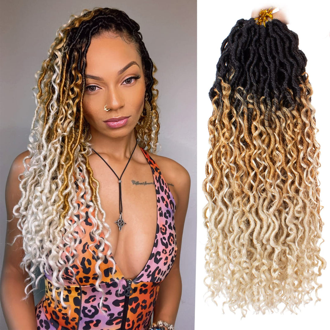 Zrq 8 Packs Goddess Locs Crochet Hair 18 Inch Ombre Boho Faux Locs Crochet Braids 613, 3 Tone Pre Looped Bohemian Locs River Sof