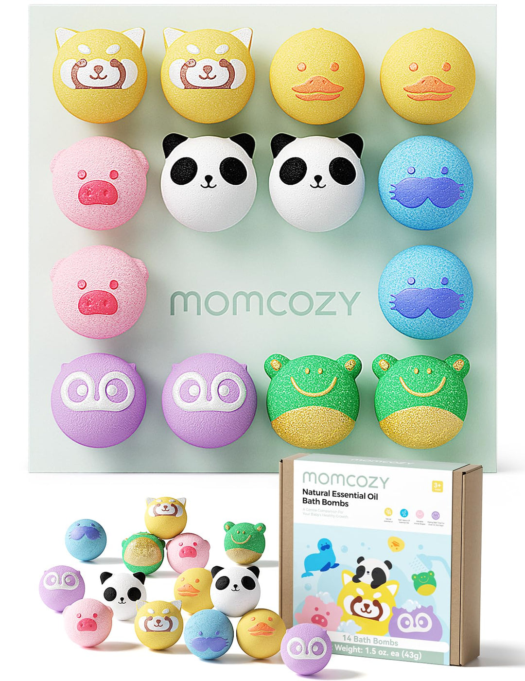 Momcozy Natural&Organic Essential Oil Bath Bombs,14 Pcs Bubble Bath Fizzy Balls with 7 Cute Animal Shapes,Bath Bombs Gift Set for Kids Girls Boys Toddler, Ideal Gift for Easter Egg, Bath Bomb Kit