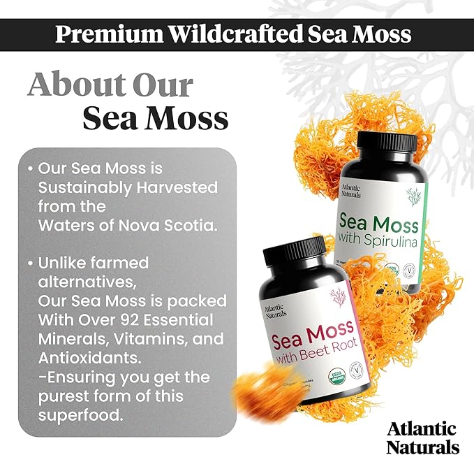 Atlantic Naturals Sea Moss Superfood Bundle - Sea Moss with Beet Root & Spirulina Capsules - Defense Support, Blood Flow, Joint Health & Iron - 240 Capsules (2 x 120 ct)