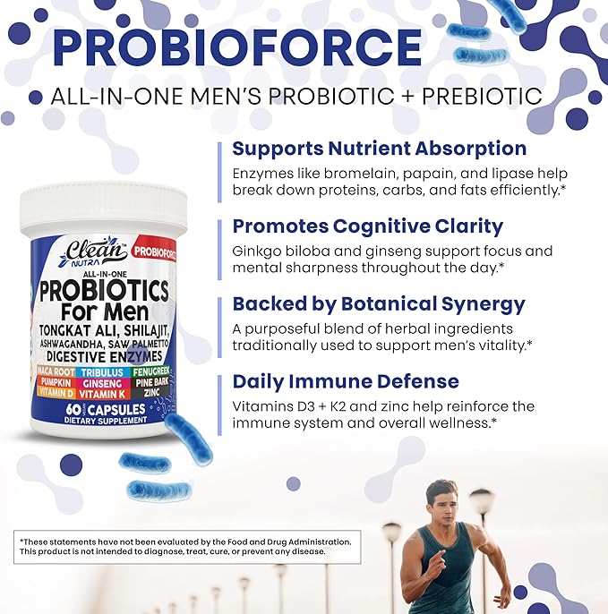 Clean Nutra Probiotics for Men | Tongkat Ali, Saw Palmetto, Tribulus, Ginseng, Ashwagandha, Maca, Pumpkin, Gingko Biloba, Pine Bark, Fenugreek, Shilajit, Zinc - Mens Probiotic 60 Capsules