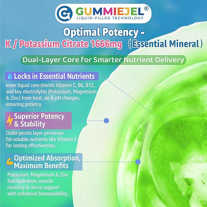 Potassium Citrate Gummies 1666mg for Adults - Potassium Supplement, Magnesium Glycinate, Zinc, B6, B12 & C – Electrolyte Gummies for Energy, Muscle Recovery & Leg Cramps, Sugar-Free, Vegan 60 Cts