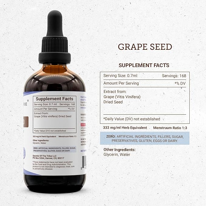 Secrets of the Tribe Grape Seed Tincture Alcohol-Free Liquid Extract, Grape (Vitis Vinifera) Dried Seed (4 FL OZ)