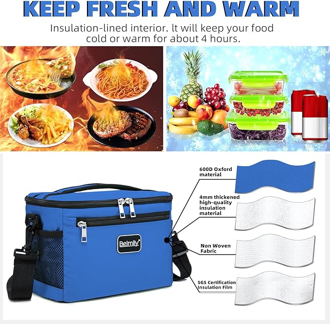 BEIMILY Lunch Box for Men/Women,Small Insulated Lunch Bag,Reusable LunchBox for work Picnic Hiking Beach,Leakproof Soft Cooler Tote Bag Organizer with Adjustable Shoulder Strap for Adults(Royal Blue)