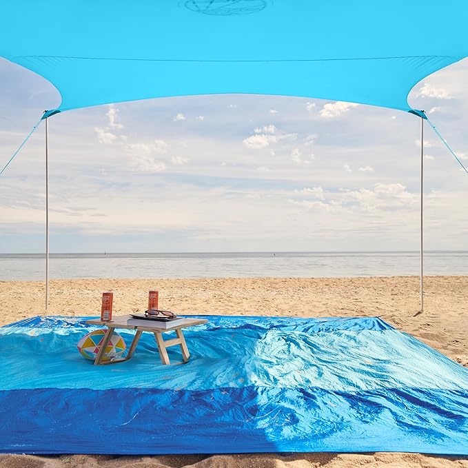 WEKAPO Beach Tent Sun Shelter - Easy Setup Beach Canopy with 4 Sturdy Poles, Large Sandbags and Shovel, 7'1'' Tall, Windproof Sun Shade for Backyard and Camping, UPF 50+ Protection